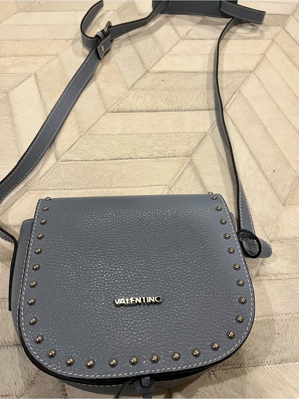 Like New - Valentino By Mario Valentino Dusty Blue Leather Studded Crossbody